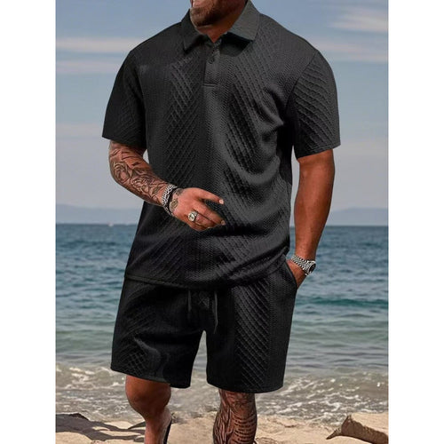 Men Jacquard Textured Polo Two‑Piece Set | Short Sleeve Top & Drawstring Casual Shorts Summer Outfit
