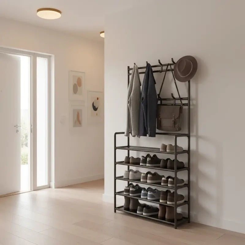 3-in-1 Entryway Organizer – Coat Rack, 5-Tier Shoe Shelf & 8 Hooks