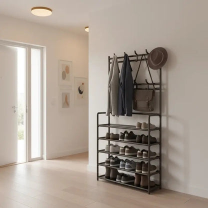 3-in-1 Entryway Organizer – Coat Rack, 5-Tier Shoe Shelf & 8 Hooks