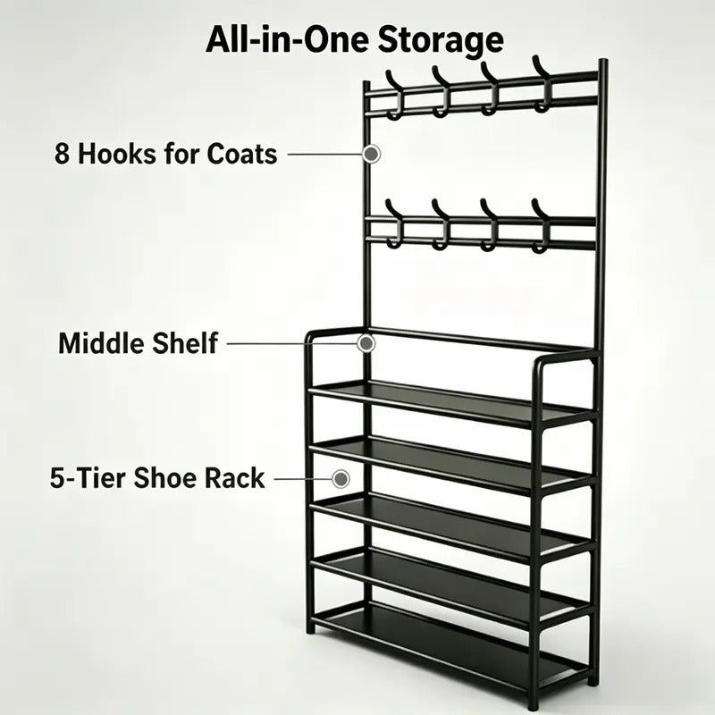 3-in-1 Entryway Organizer – Coat Rack, 5-Tier Shoe Shelf & 8 Hooks