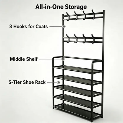3-in-1 Entryway Organizer – Coat Rack, 5-Tier Shoe Shelf & 8 Hooks